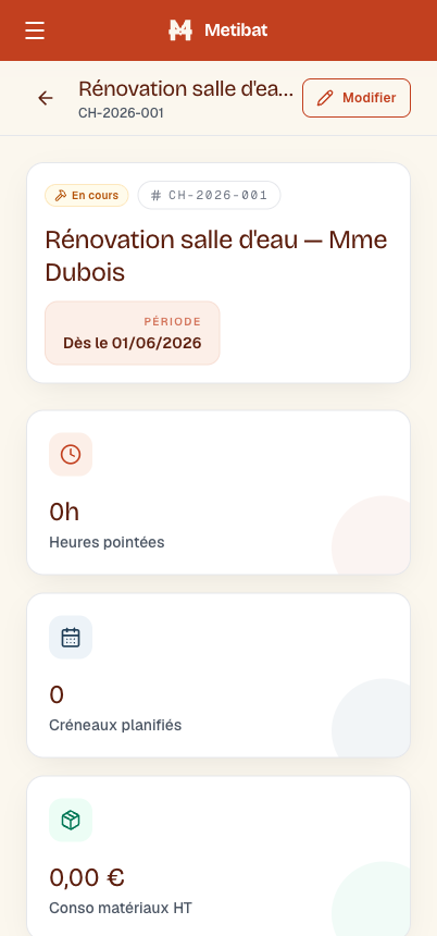 L'app mobile Metibat — la fiche d'un chantier depuis le terrain