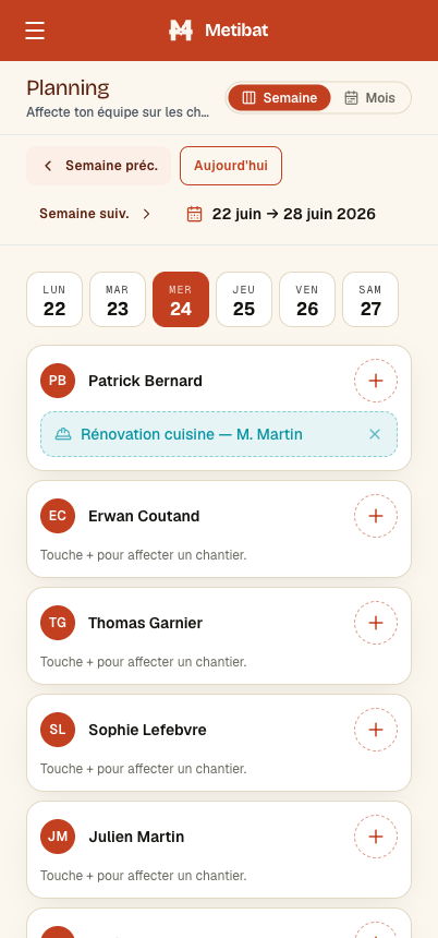 L'app mobile Metibat — le planning de l'équipe, jour par jour